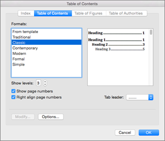 create table of contents in word 2016