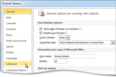 Advanced command in the Outlook Options dialog box