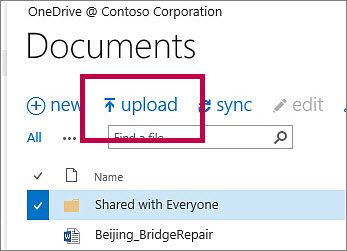 Upload button on Quick Command Bar in OneDrive