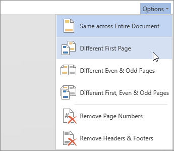 Image of Header and Footer Options menu in Word Online