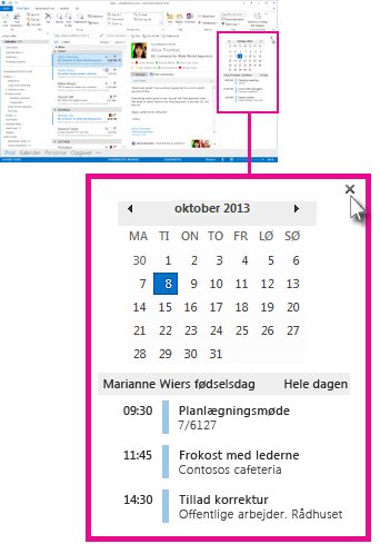 Fastgøre en kalender og dine aftaler og møder til skærmen, så de altid er synlige - Outlook