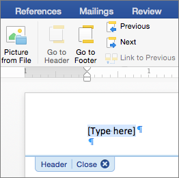 insert tab + header + first choice blank word for mac