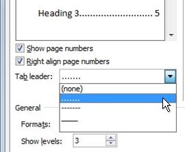 contents table dot leader leaders dotted line tab format option word microsoft office number list dialog box change levels customize