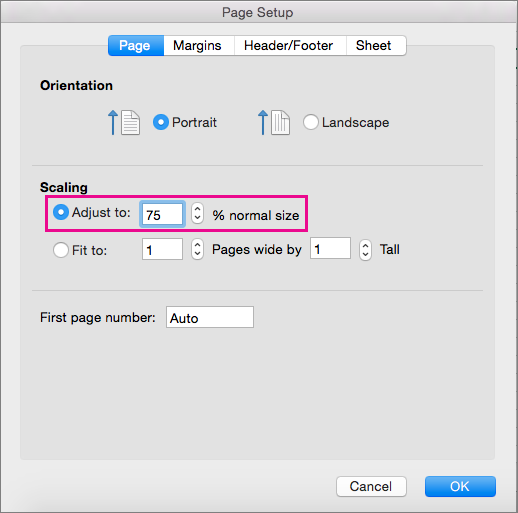 scaling print in excel for mac