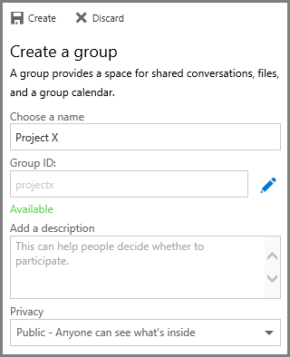 Screenshot of typing a name and clicking Creat to create a goup from OneDrive for Business