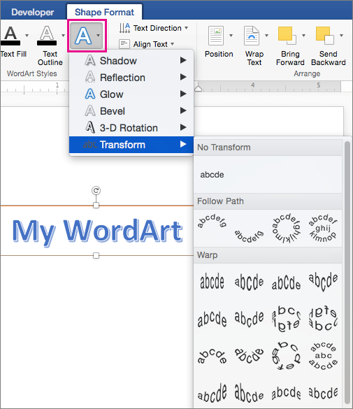 Change The Shape Of WordArt In Word 2016 For Mac Word For Mac