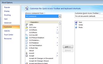 Customize section of the Options dialog box