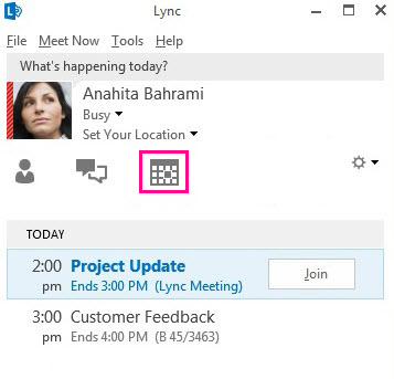 Meetings view in Lync main window