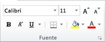 El grupo Fuente de la pestaña Inicio en la cinta de opciones de Excel 2010.