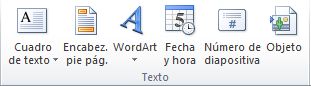 El grupo Texto en la pestaña Insertar en la cinta de opciones de PowerPoint 2010.