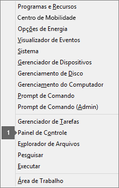 Lista de opções e comandos vista após pressionar a tecla com o logotipo do Windows + X