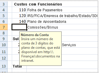 Célula selecionada e mensagem de entrada